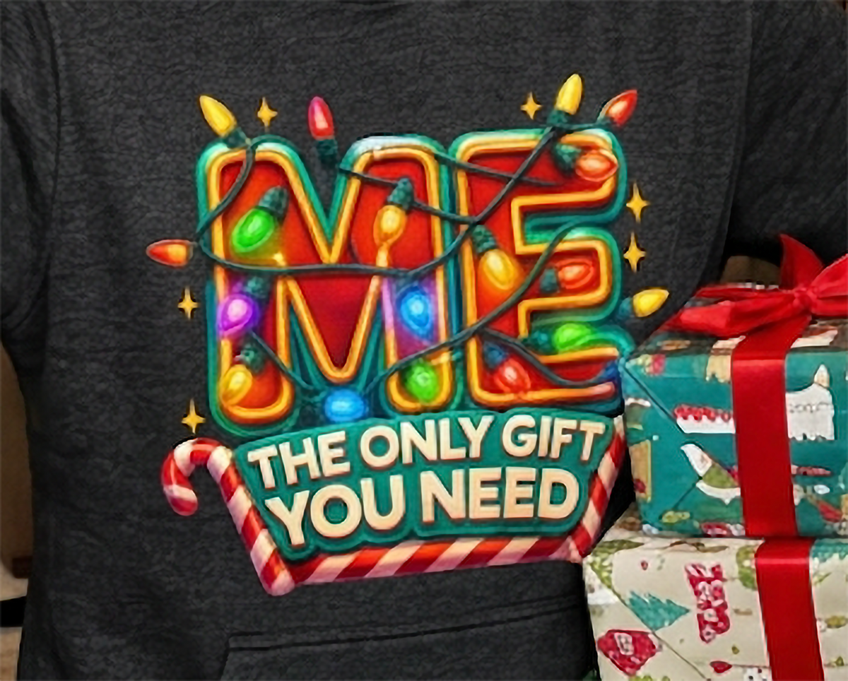 Close-up of Me The Only Gift You Need Christmas graphic on gray hoodie