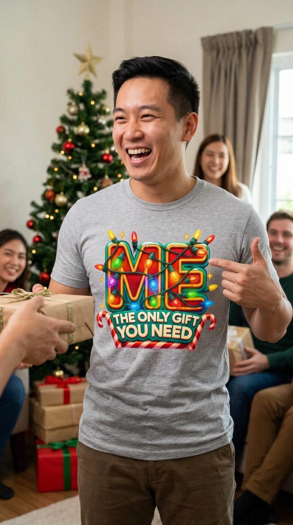 Lifestyle – Heather Gray: Woman wearing a heather gray funny Christmas shirt featuring colorful festive lettering at a holiday gathering.