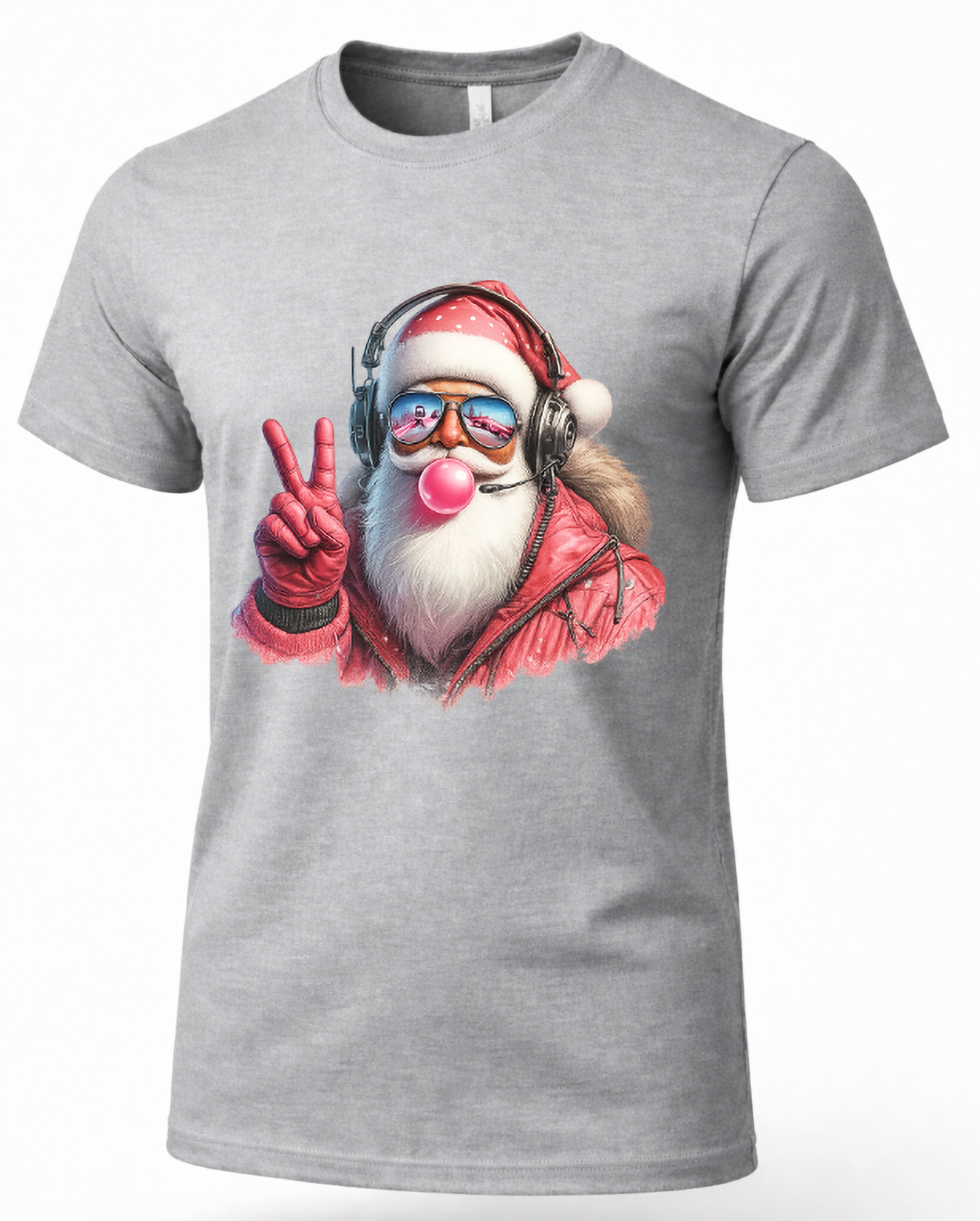 Heather Gray Shirt Mockup: Heather gray unisex Christmas t-shirt featuring Santa Claus wearing sunglasses, headphones, a red winter jacket, and blowing pink bubblegum while flashing a peace sign.