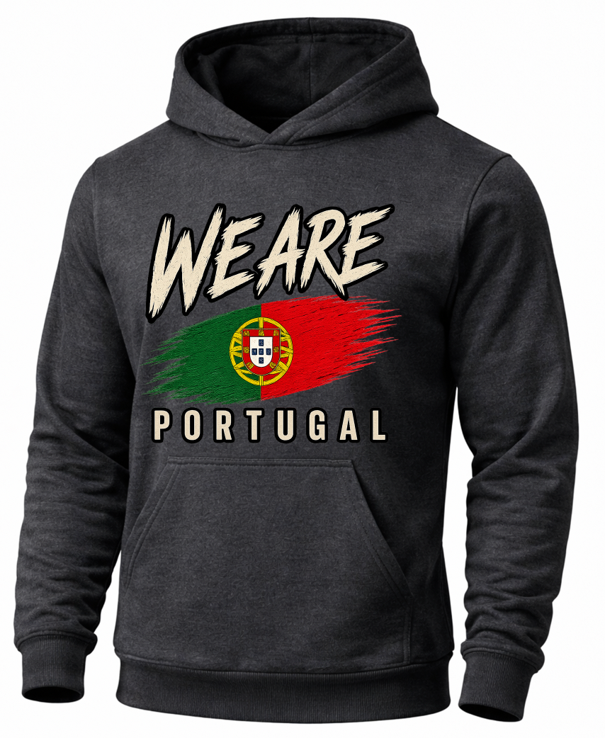 A dark charcoal gray hoodie featuring a distressed graphic of the Portugal flag with the text 'WE ARE' above and 'PORTUGAL' below, shown on a plain white background.
