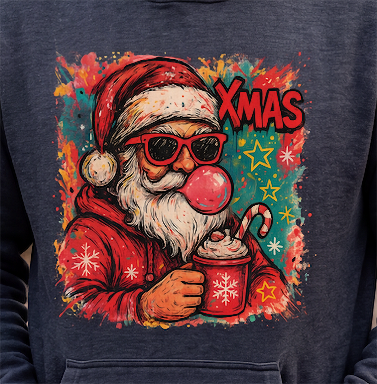 Close-up of gray retro Christmas hoodie with colorful Bubblegum Santa graphic