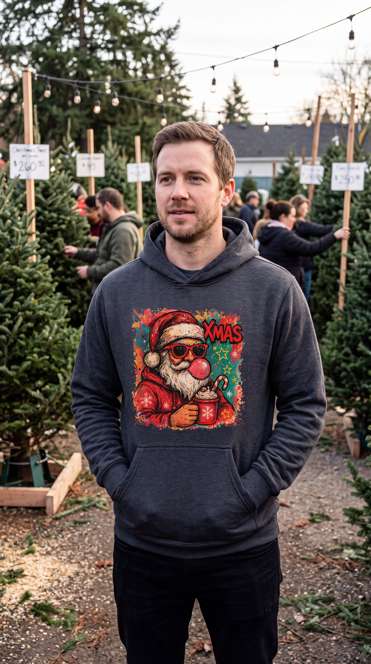 Man wearing gray retro Santa Christmas hoodie with colorful holiday graphic