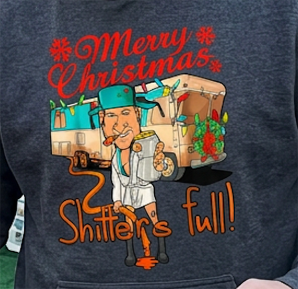 Close-up of Shitter’s Full Cousin Eddie Christmas graphic on gray hoodie