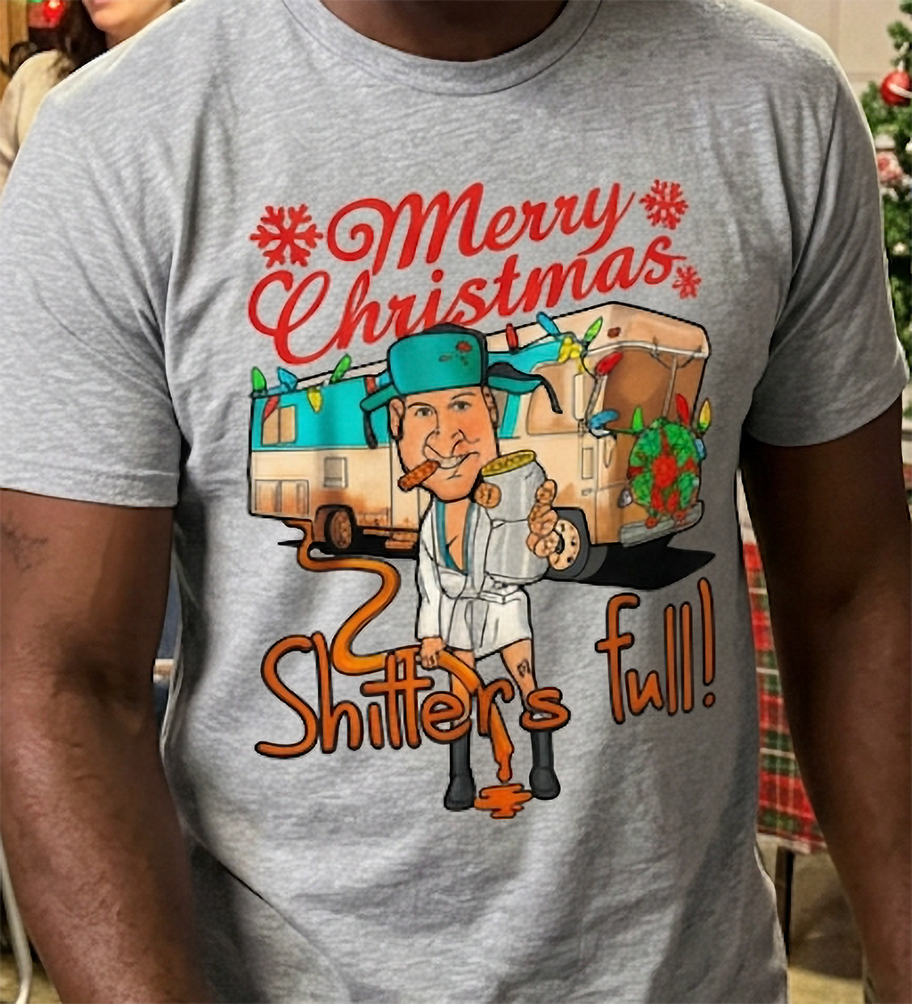 Heather Gray Design Close-Up: Close-up of heather gray Christmas graphic shirt featuring colorful holiday artwork and humorous Shitter's Full lettering.