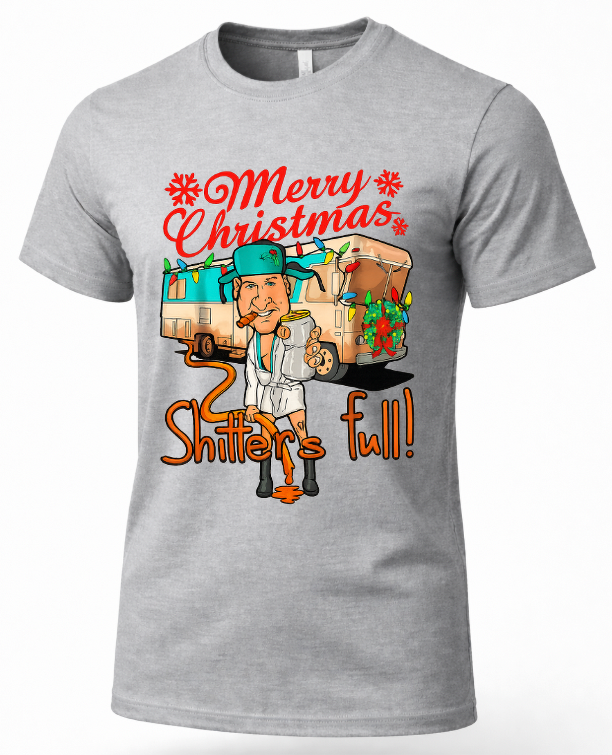 Heather Gray Shirt Mockup: Heather gray unisex funny Christmas t-shirt featuring a festive camper illustration and Shitter's Full holiday graphic.