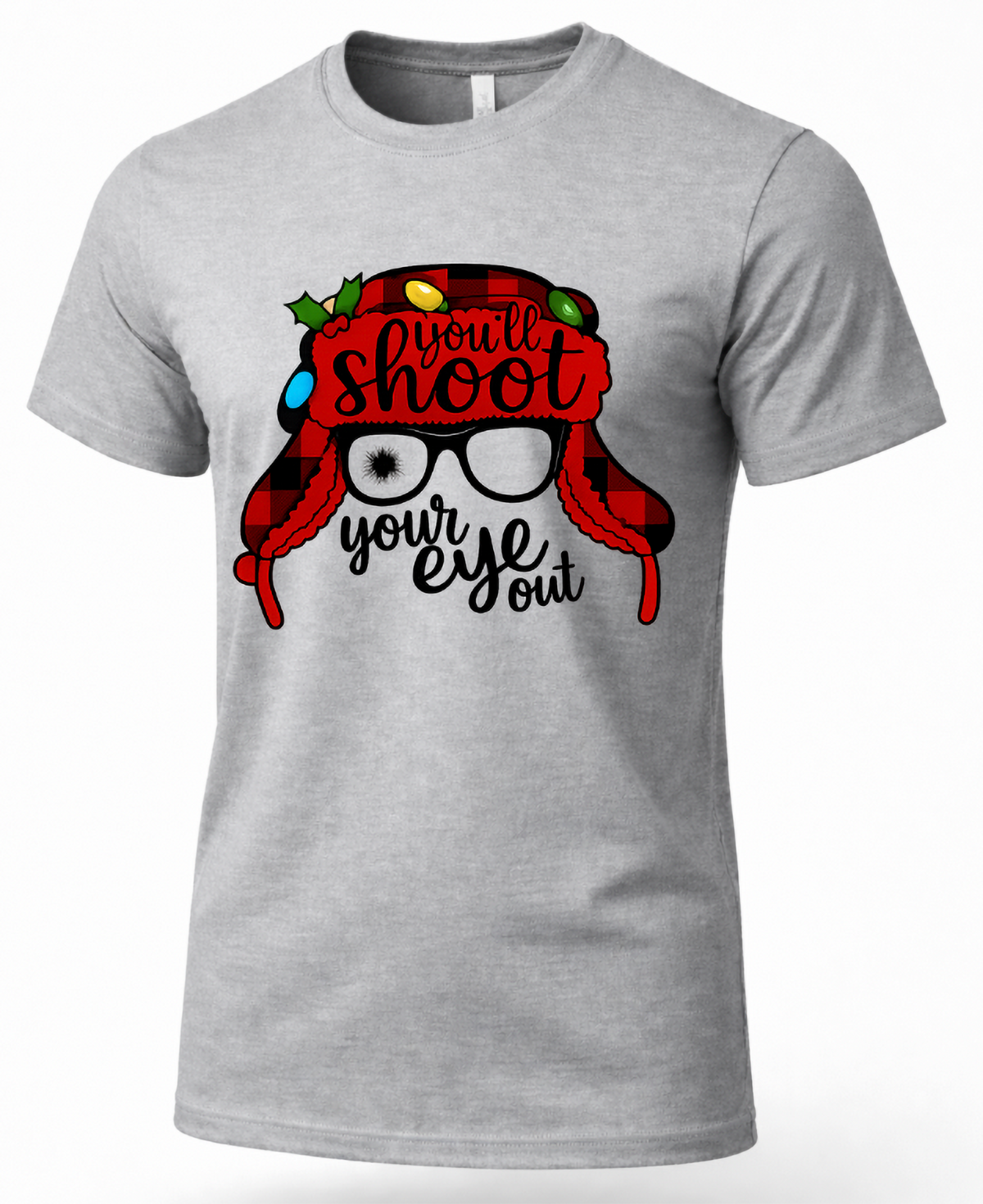 Heather gray You'll Shoot Your Eye Out Christmas graphic t-shirt with red plaid hat and white sunglasses