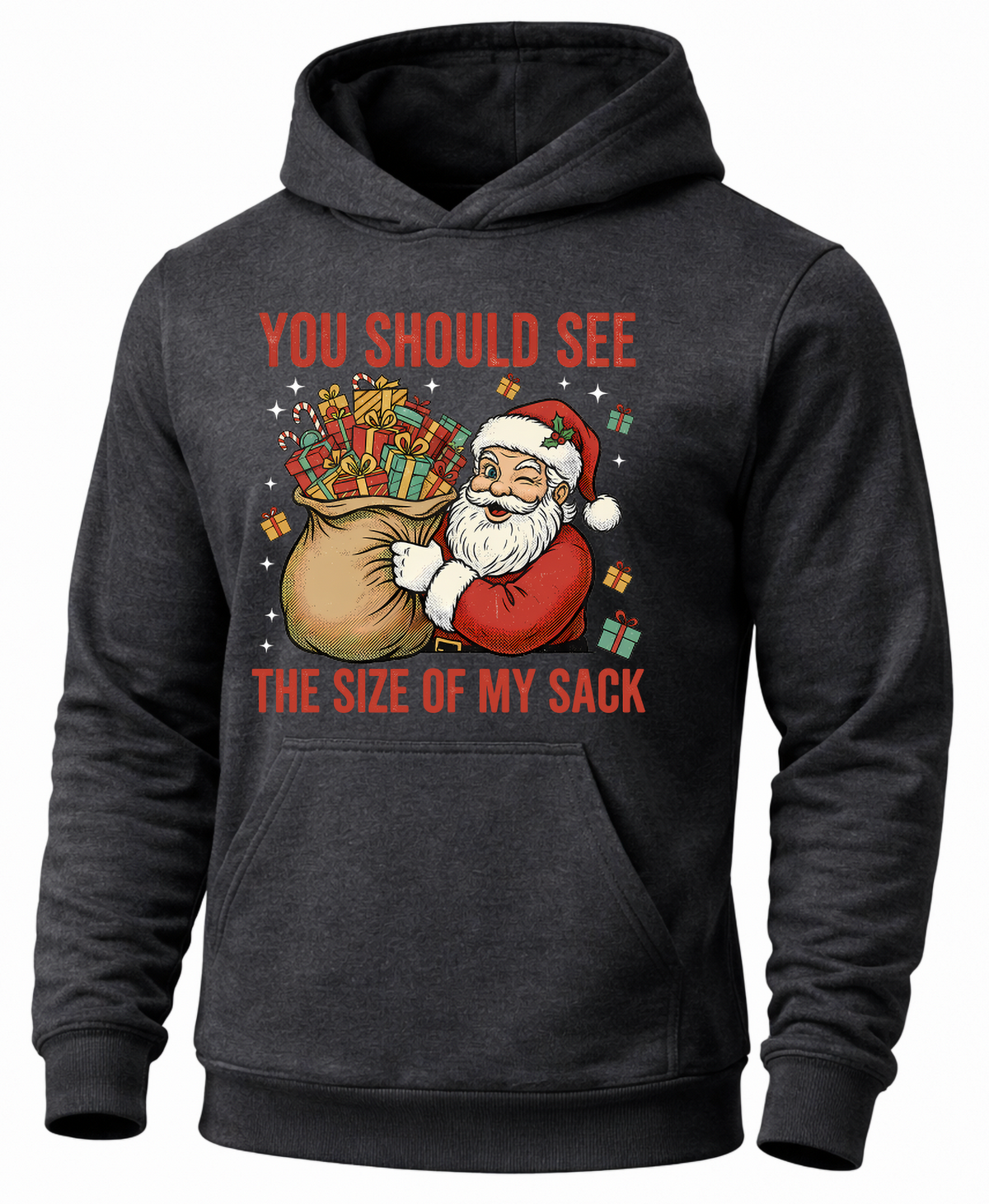 Gray funny Christmas hoodie with Santa carrying an oversized sack of presents