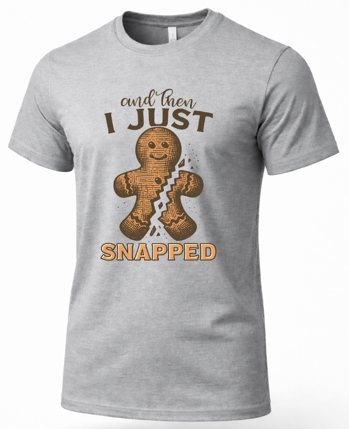 Heather Gray Mockup: Heather gray unisex Christmas graphic t-shirt featuring a gingerbread man broken in half with funny holiday text.