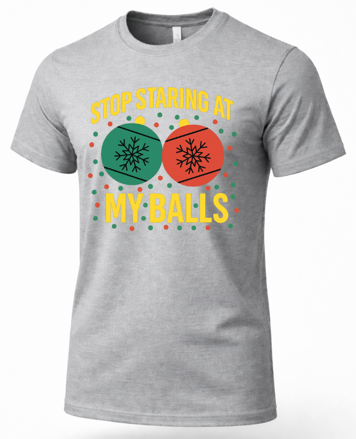 Heather gray unisex Christmas graphic tee with Stop Staring at My Balls ornament design.