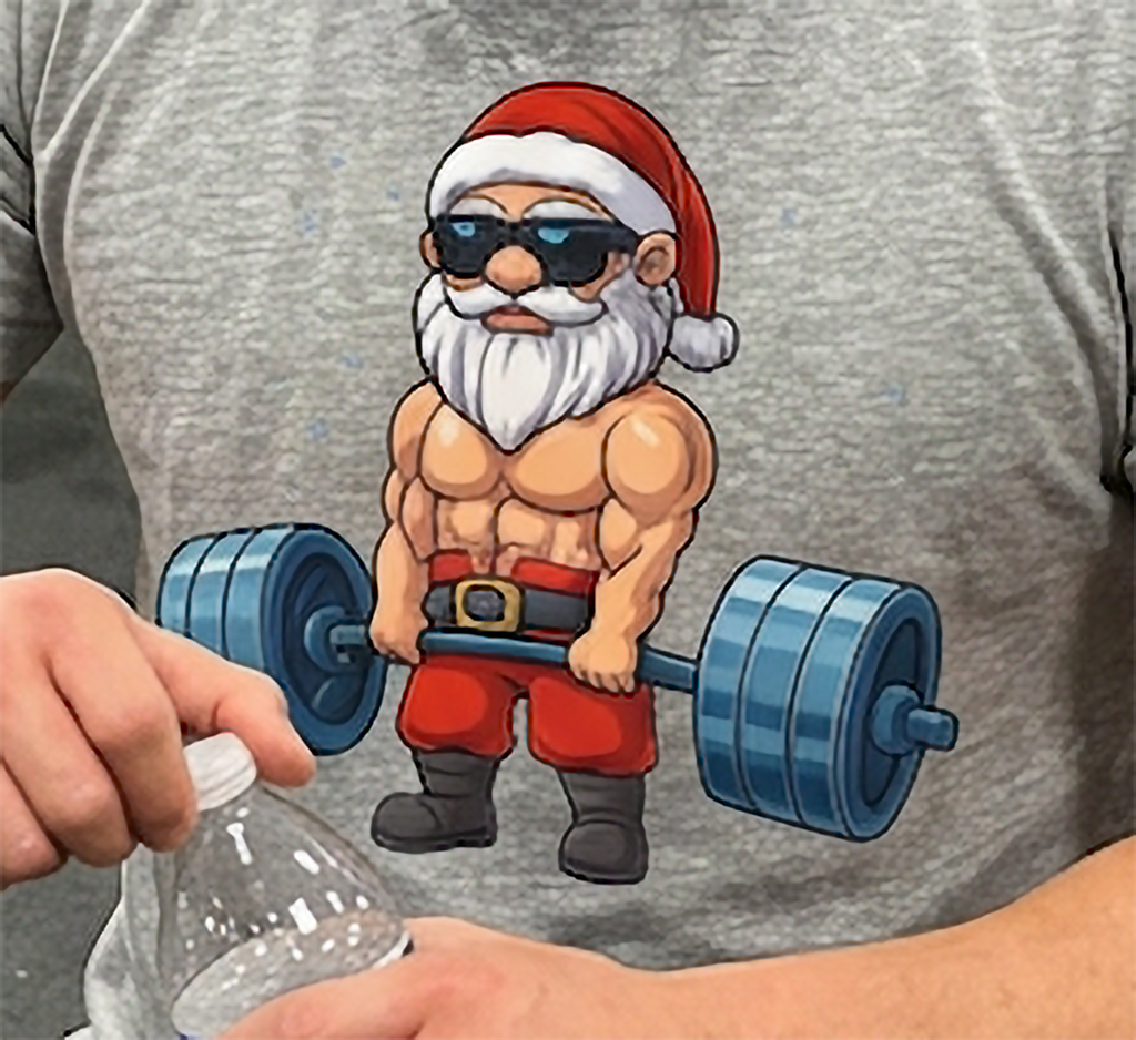 Close-up of Swole Santa weightlifting Christmas artwork on a heather gray graphic t-shirt.