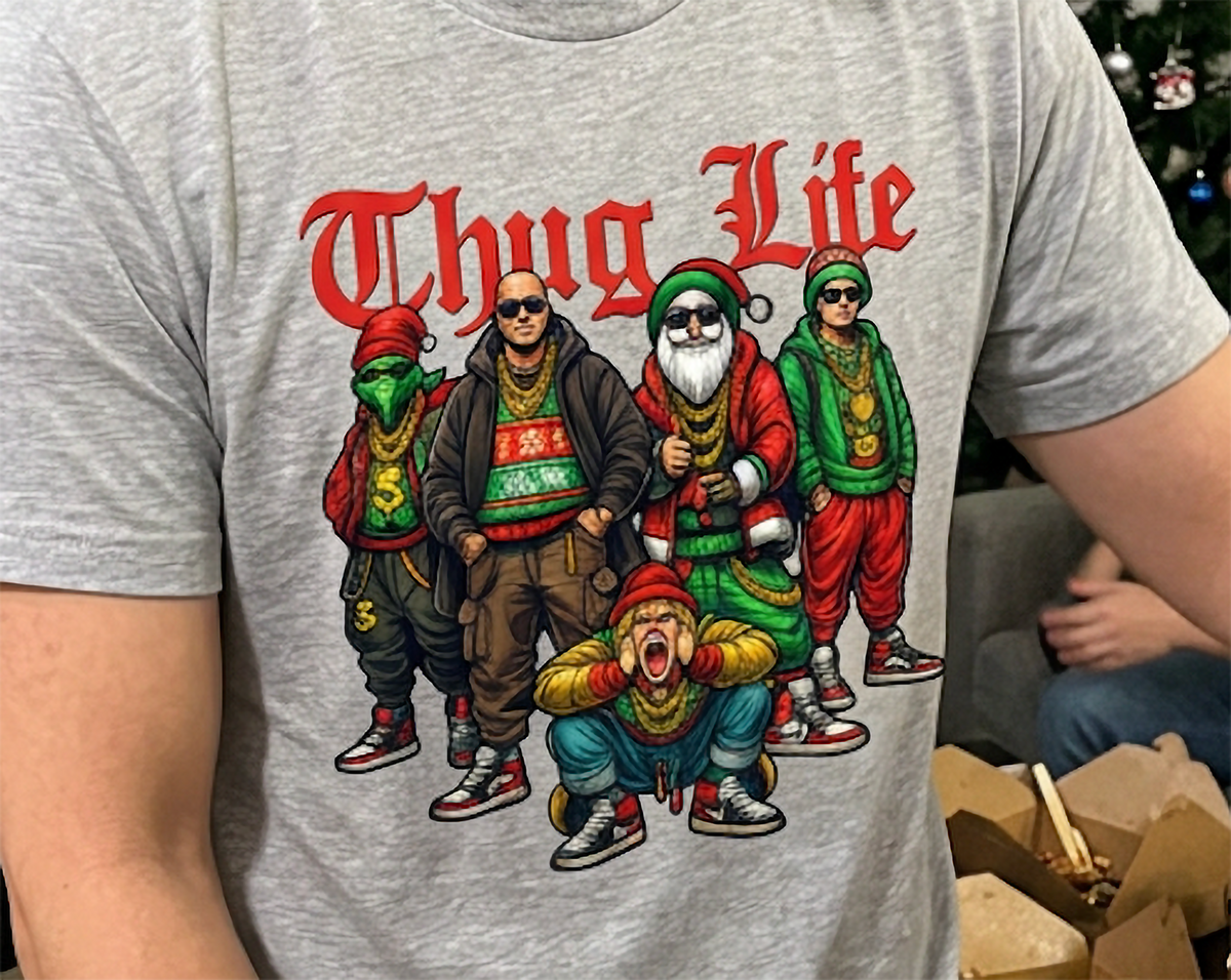 Close-up of heather gray Christmas t-shirt with Thug Life lettering and detailed festive hip hop artwork