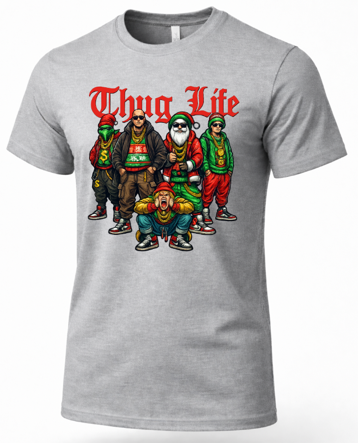 Heather gray Thug Life Christmas graphic tee featuring colorful holiday streetwear characters