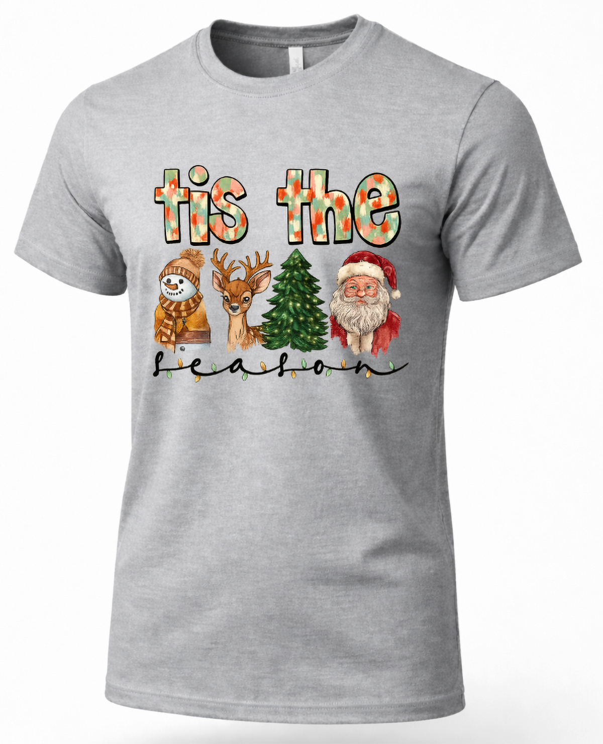 Heather gray unisex Christmas graphic tee featuring watercolor Santa Claus, reindeer, snowman, and Tis the Season lettering.