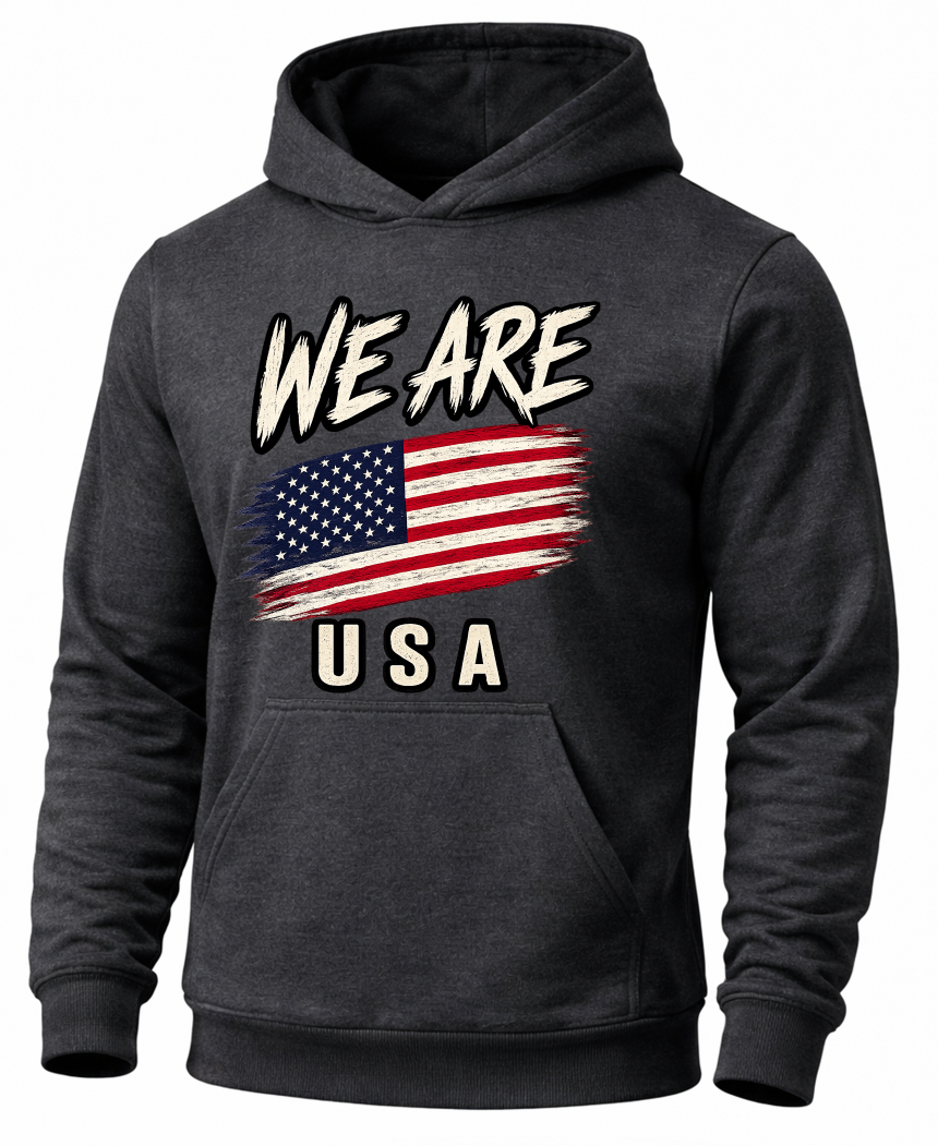 A dark charcoal gray pullover hoodie with a distressed graphic on the chest that reads 'WE ARE USA' above and below a stylized American flag.