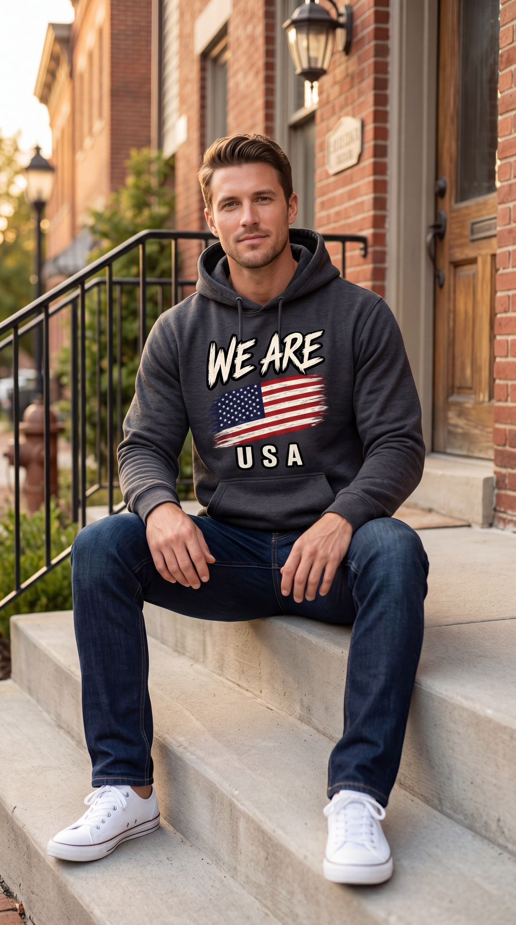 A man sitting on the concrete steps of a brick building wearing a dark gray hoodie with 'WE ARE USA' and an American flag graphic printed on the front, paired with blue jeans and white sneakers.
