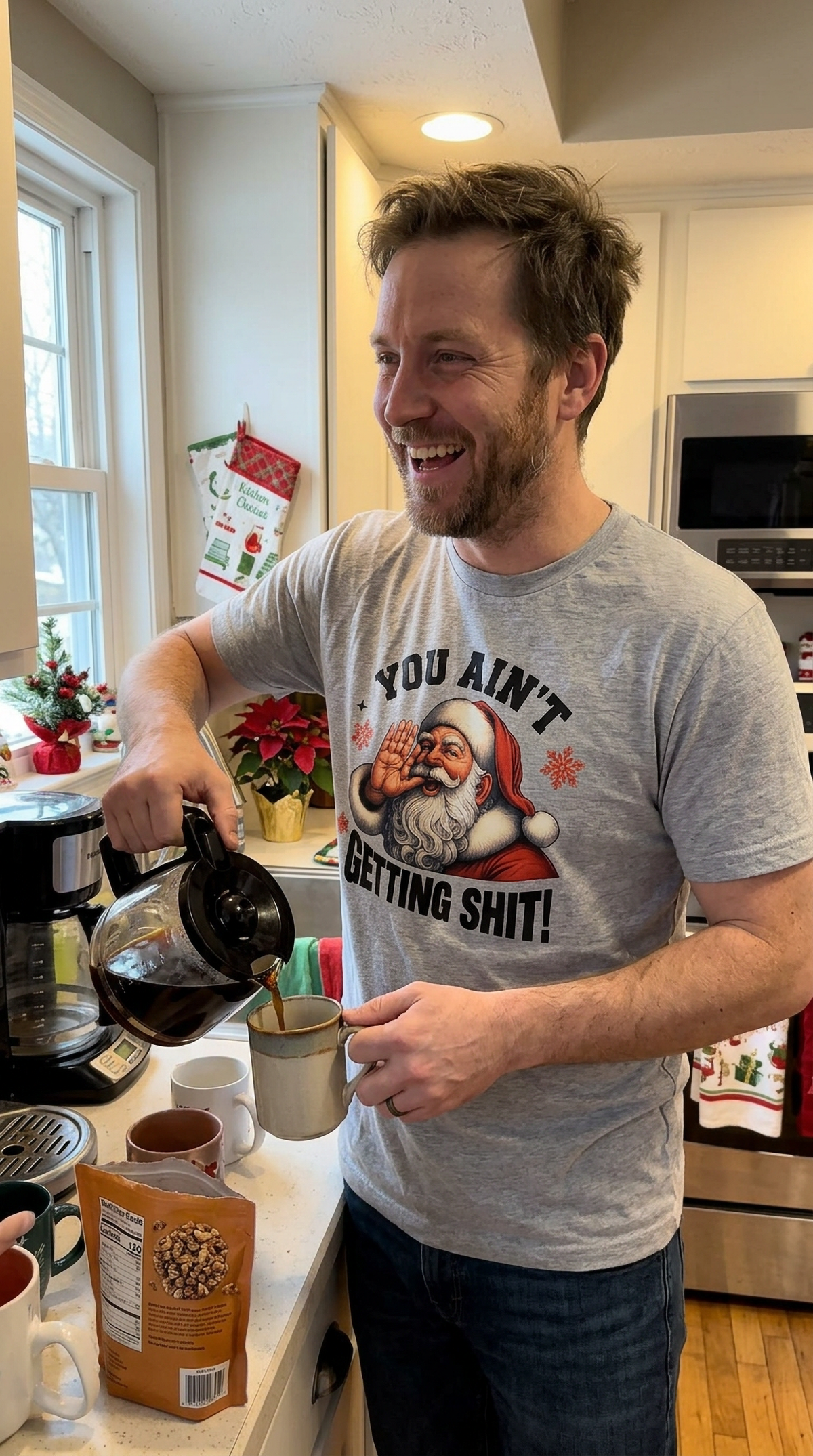 Heather Gray Lifestyle: Man wearing a heather gray sarcastic Christmas t-shirt featuring a vintage Santa Claus design at a holiday gathering.