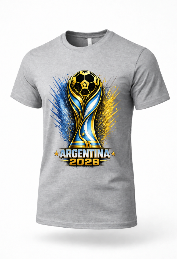Gray Argentina 2026 football streetwear T-shirt mockup with Argentina-inspired soccer graphic