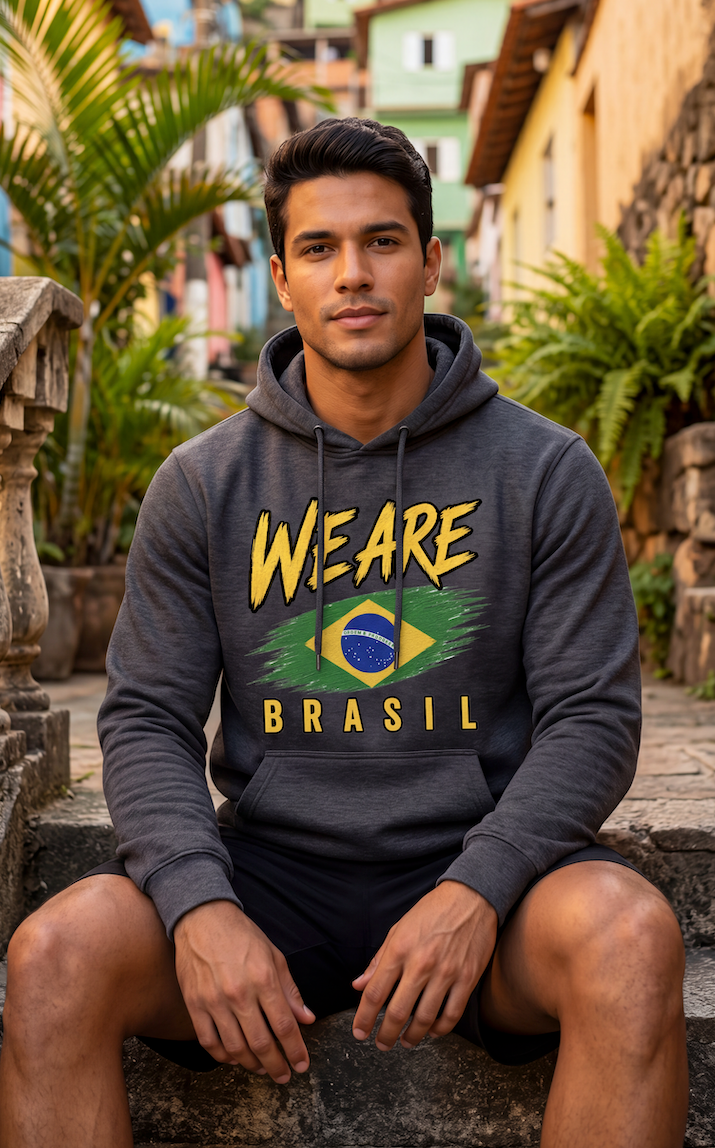 A man sitting outdoors on stone steps wearing a dark gray hoodie with a 'WE ARE BRASIL' graphic featuring the Brazilian flag. The background shows a colorful, tropical hillside village setting with green plants and buildings.