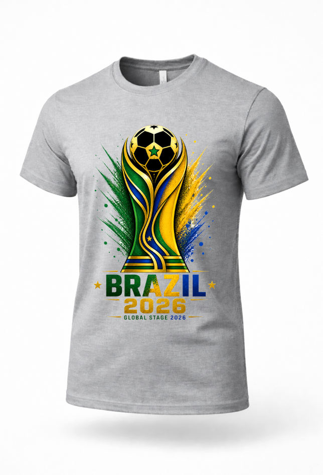Gray Brazil 2026 soccer graphic t-shirt featuring green yellow blue and gold football-inspired artwork on premium streetwear tee