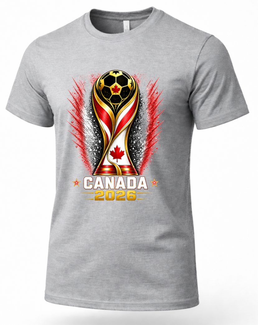 Gray Canada football fan t-shirt featuring Canada 2026 trophy design