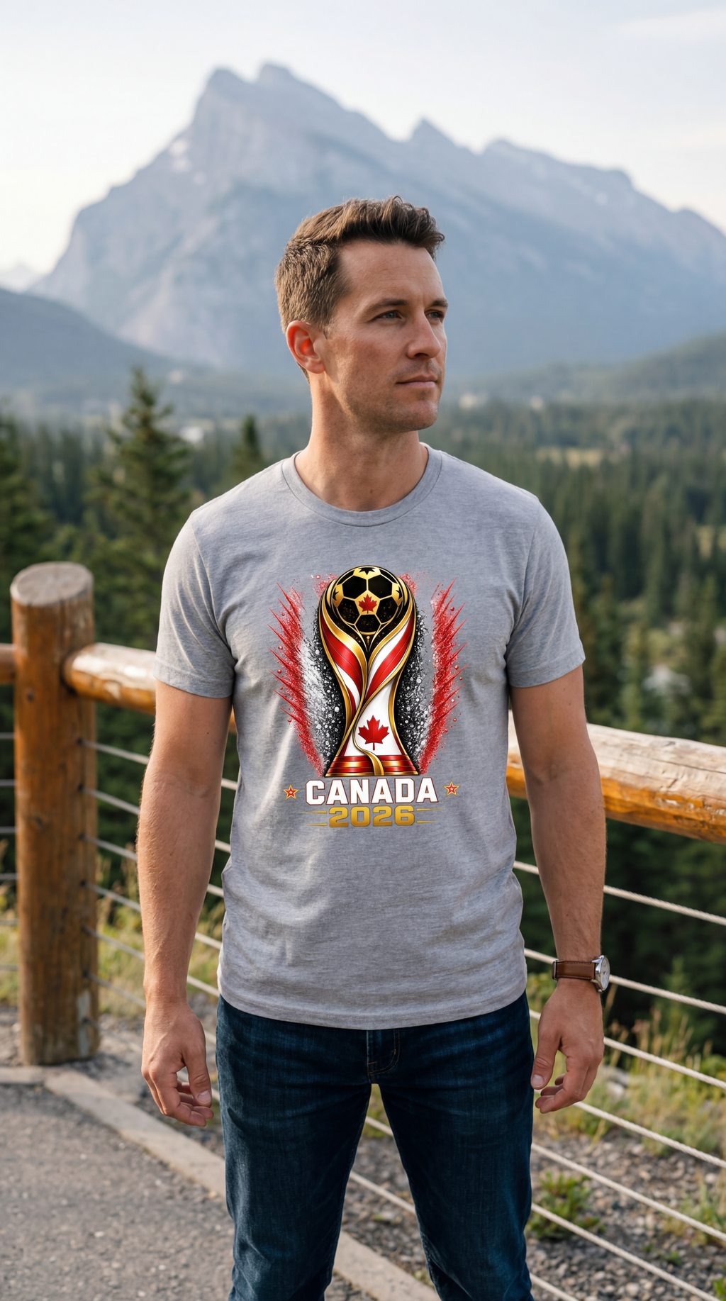 Gray Canada soccer supporter shirt with mountain landscape background