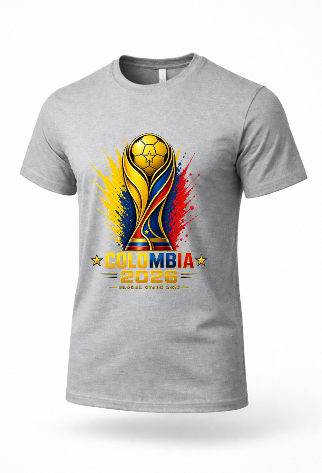 Gray Colombia 2026 football fan shirt mockup featuring colorful soccer-inspired graphic print