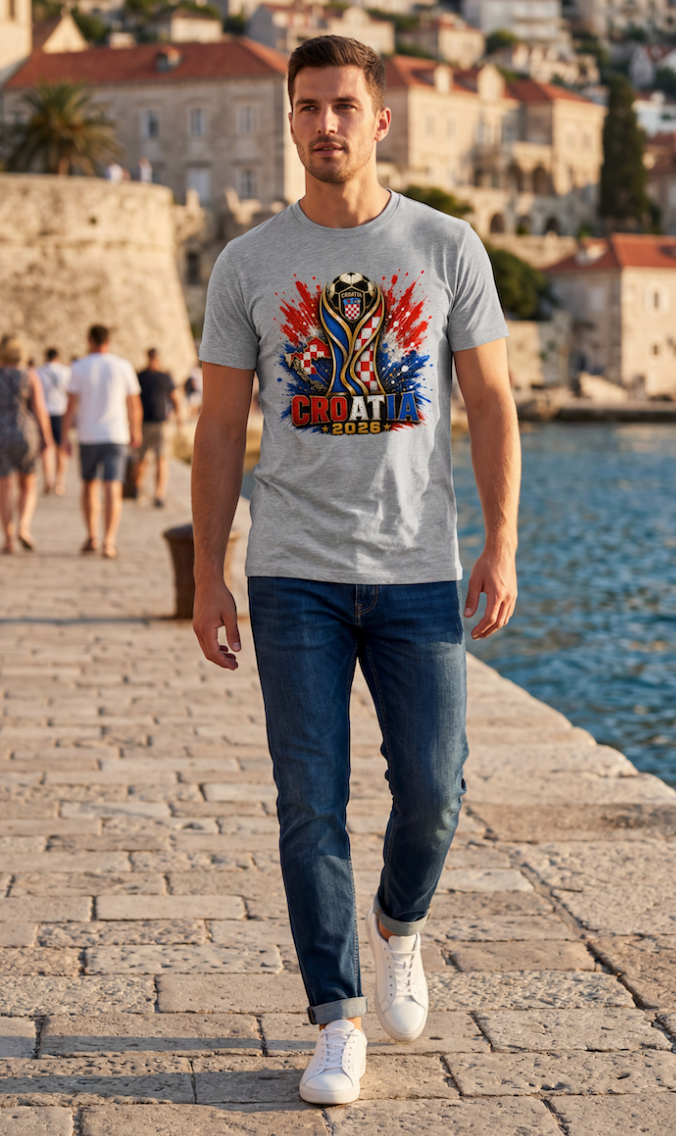 Gray Croatia soccer shirt worn by male model walking along Dubrovnik waterfront