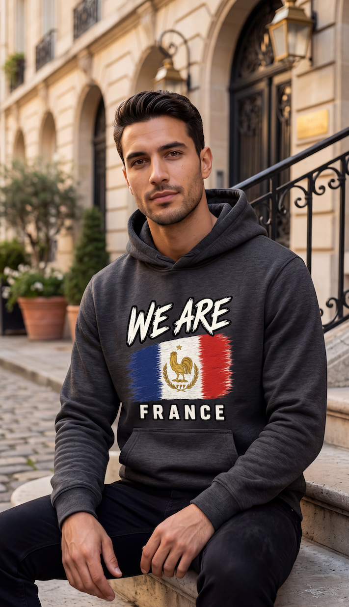 A man wearing a dark gray hoodie with a 'WE ARE FRANCE' graphic featuring the French flag and rooster emblem, sitting on stone steps in front of a classic European building.