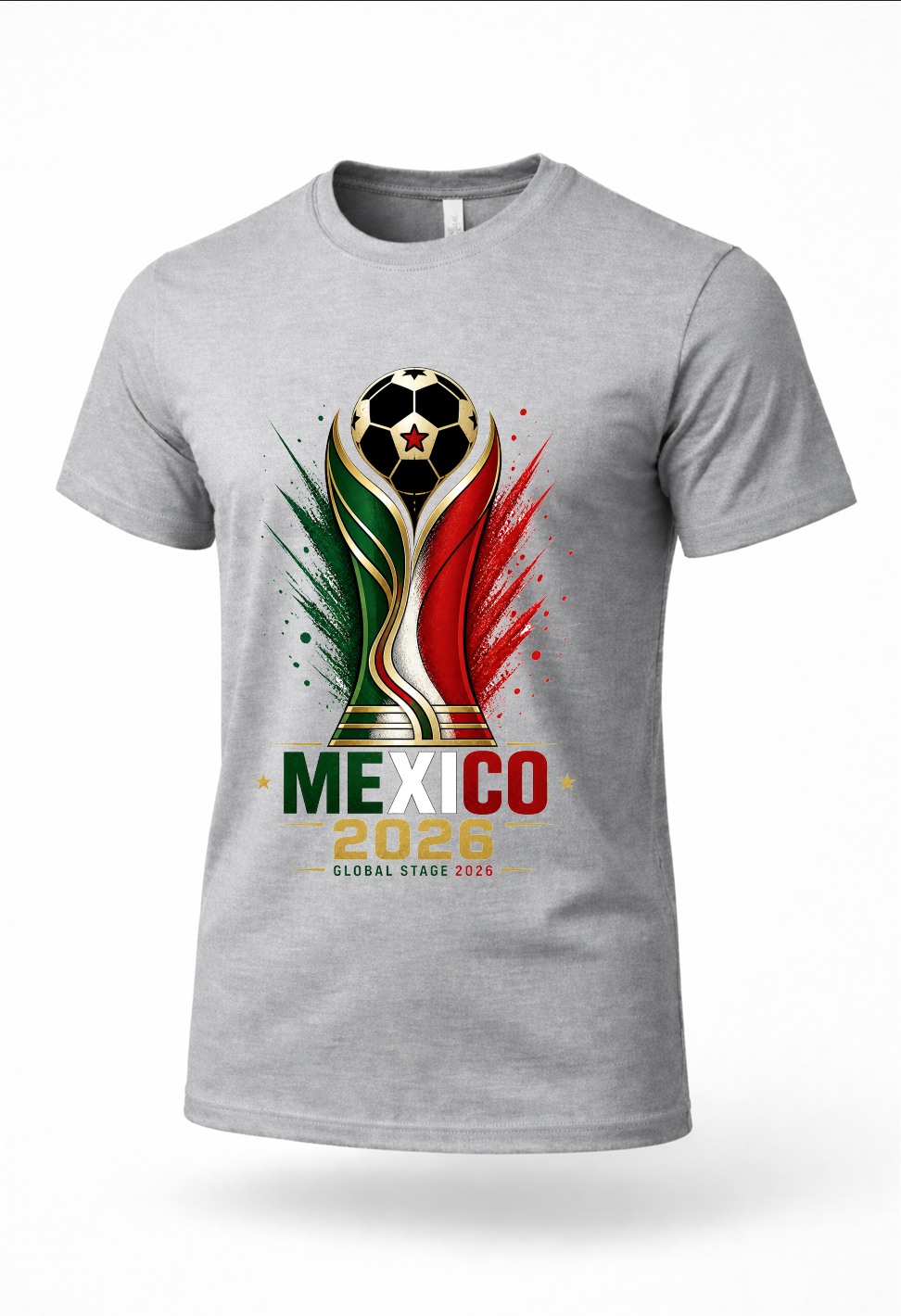 Gray Mexico 2026 soccer streetwear shirt featuring patriotic green white and red football-inspired graphic design on casual unisex tee