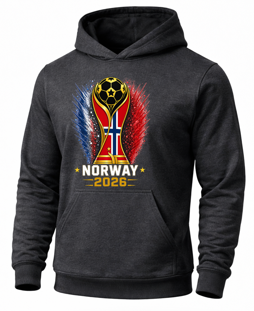 Black hoodie with Norway 2026 design featuring a soccer trophy and Norwegian flag.