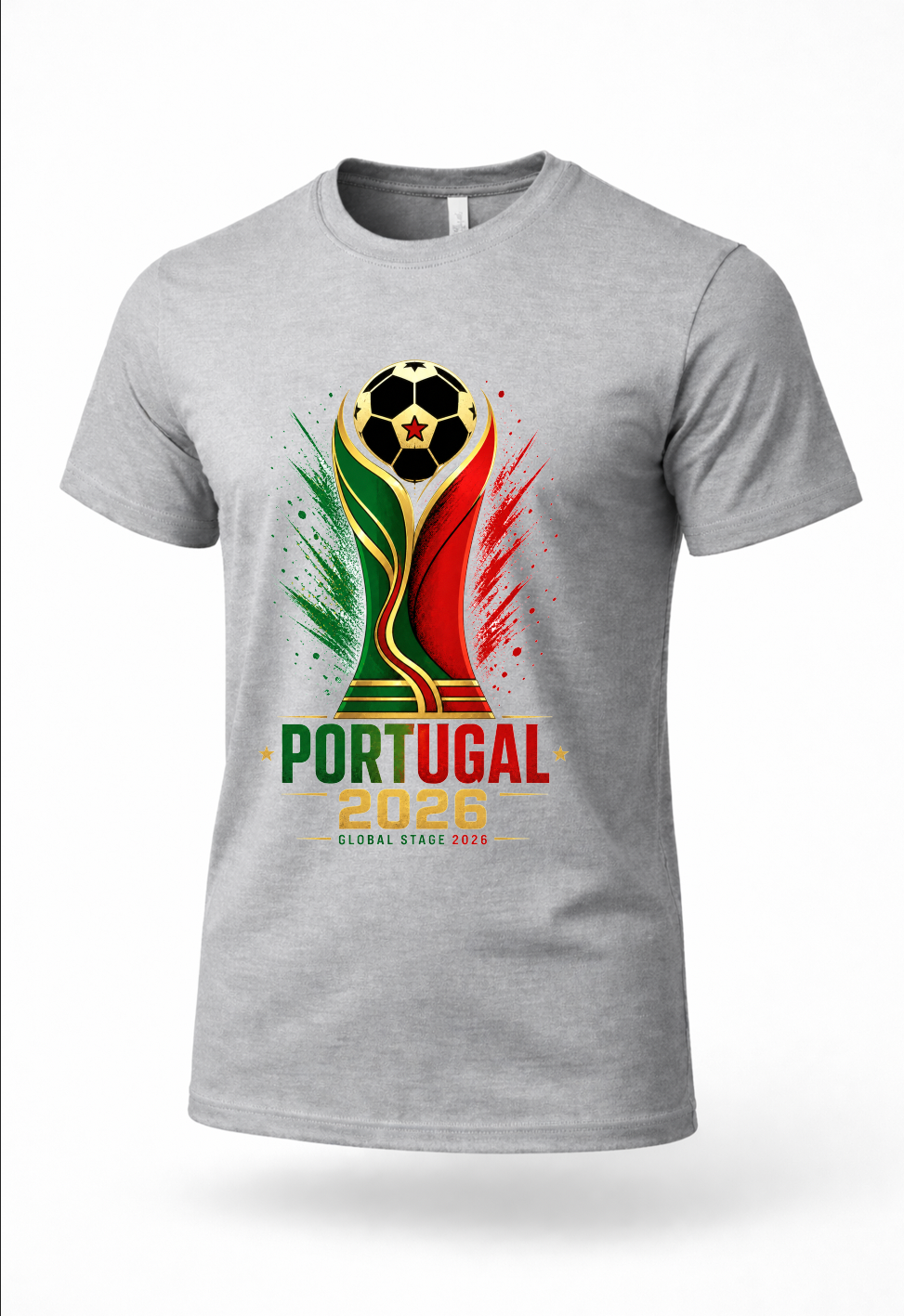 Gray Portugal 2026 football graphic tee mockup featuring Portugal soccer fan artwork