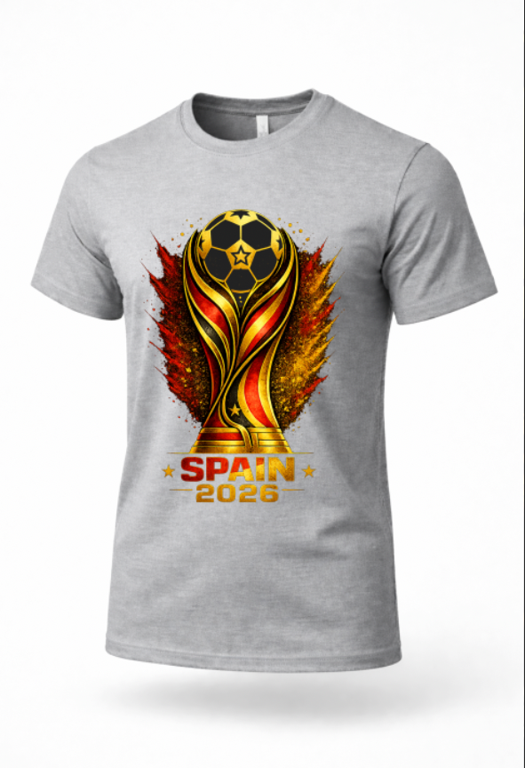 Gray Spain 2026 football graphic tee mockup with Spain soccer supporter design