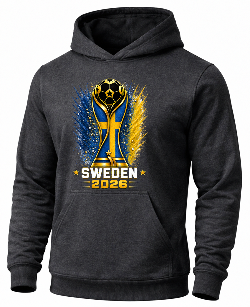 Black hoodie with Sweden 2026 design featuring a trophy on a white background