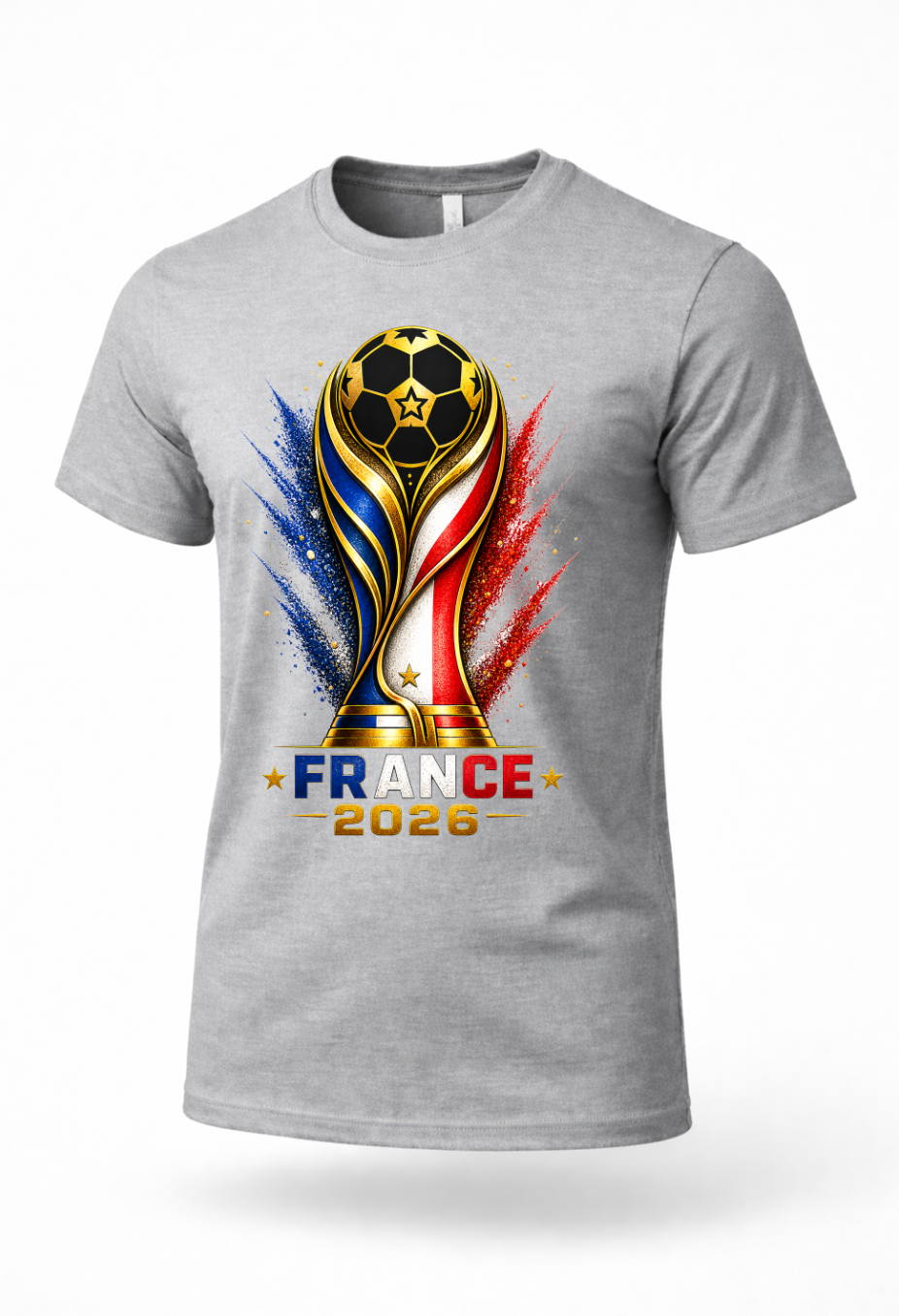 Grey France 2026 football graphic tee mockup with French supporter artwork