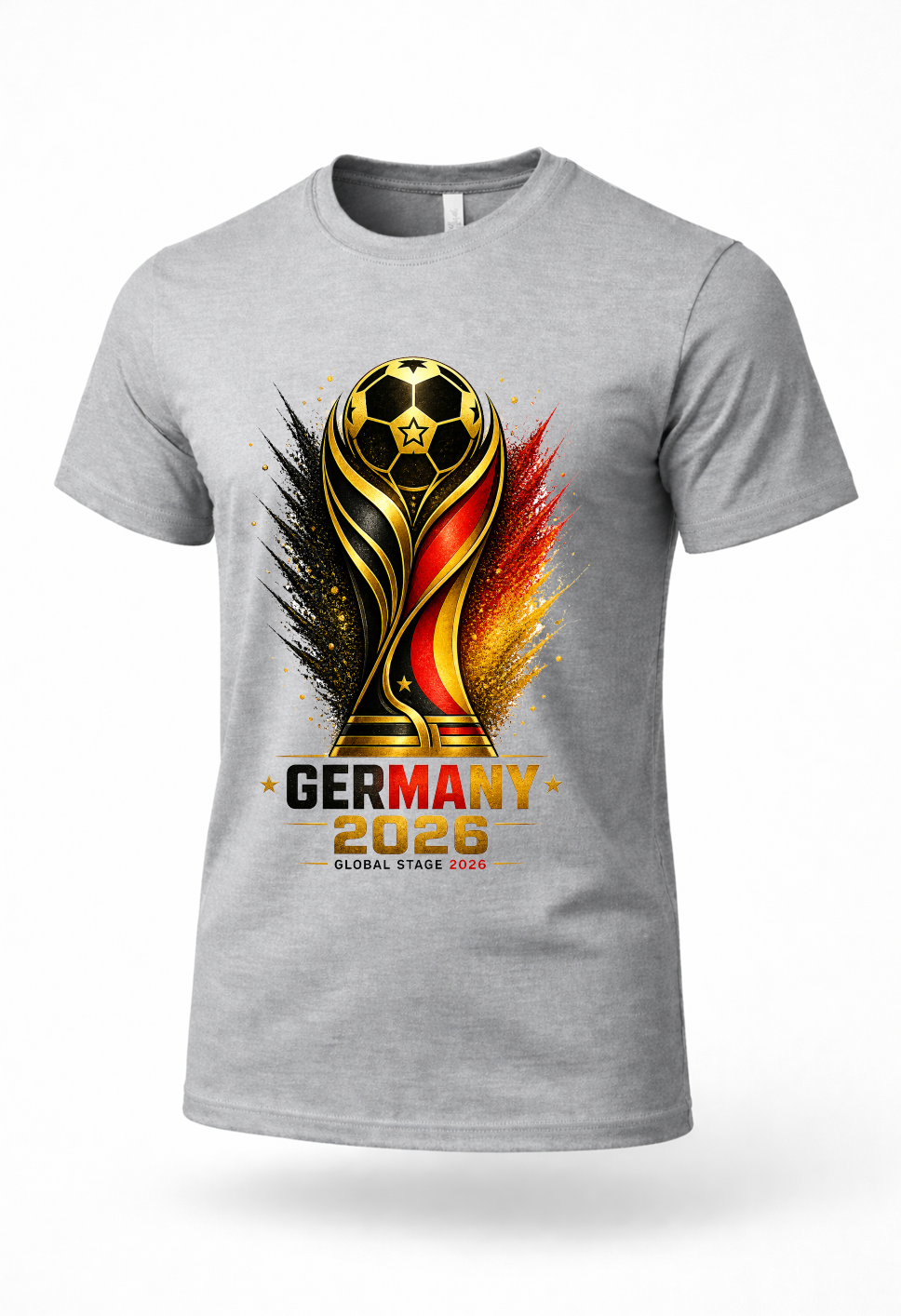 Grey Germany 2026 football graphic tee mockup with German supporter artwork