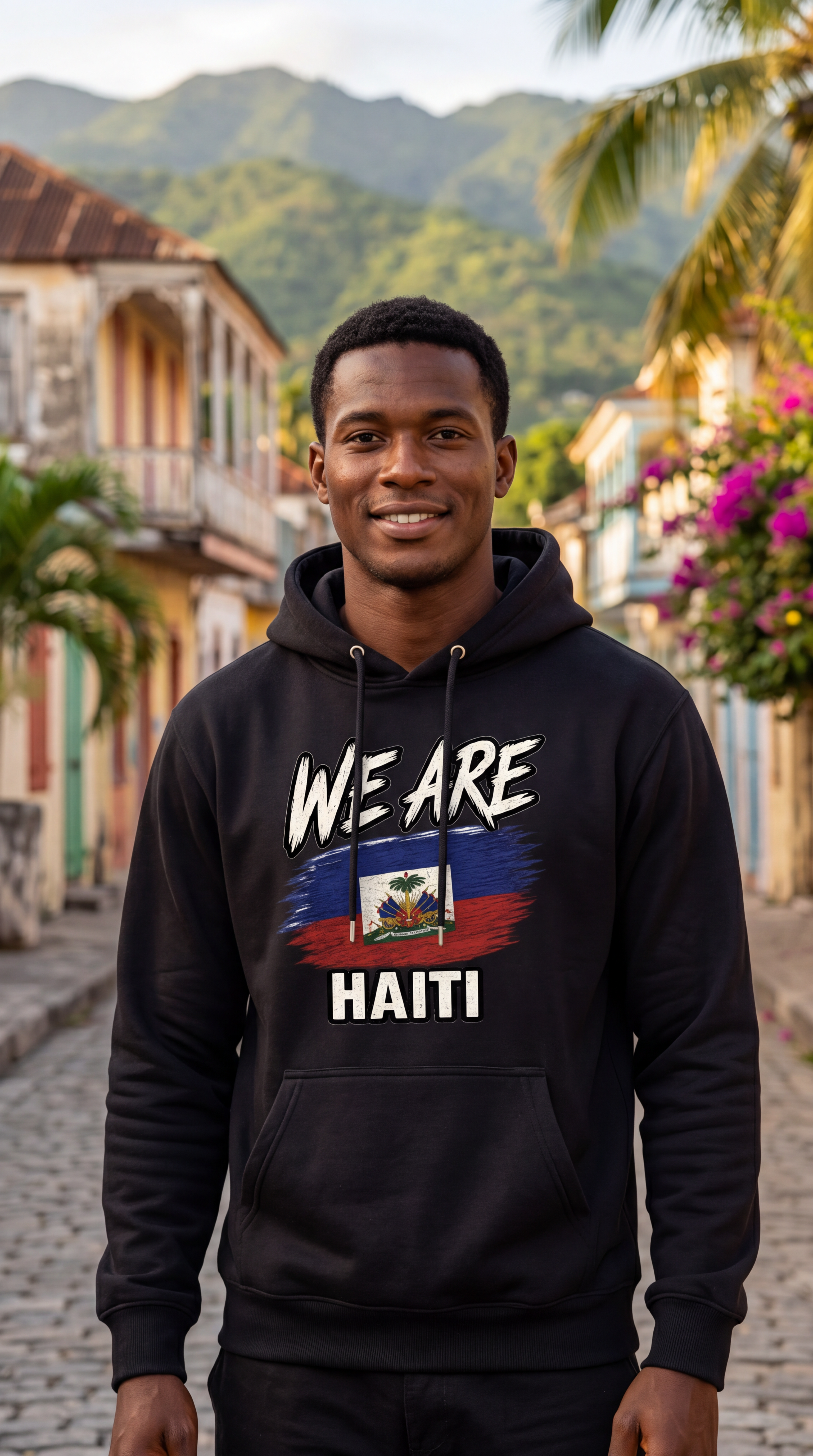 A man wearing a black hoodie with a graphic that reads 'WE ARE HAITI' and the Haitian flag, standing on a cobblestone street with mountains and colonial buildings in the background.
