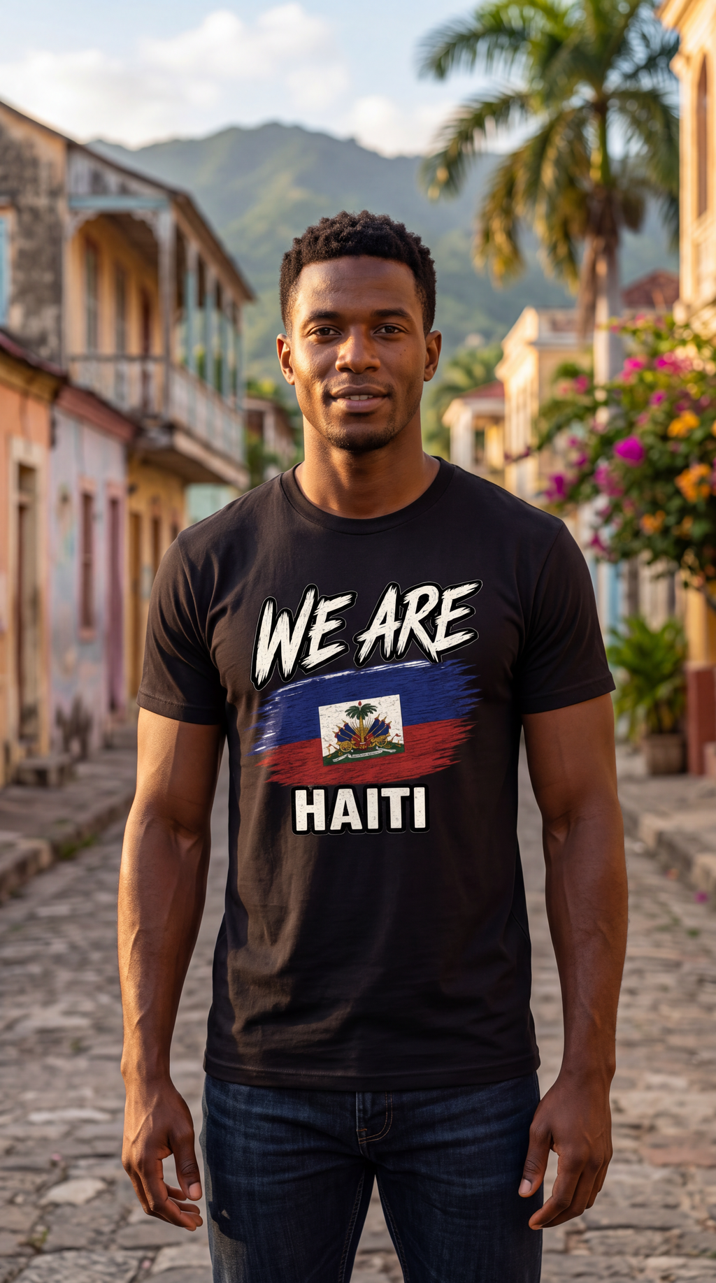 A man standing on a cobblestone street wearing a black graphic t-shirt that reads 'WE ARE HAITI' with the Haitian flag printed on the front, set against a background of historic buildings and green hills.