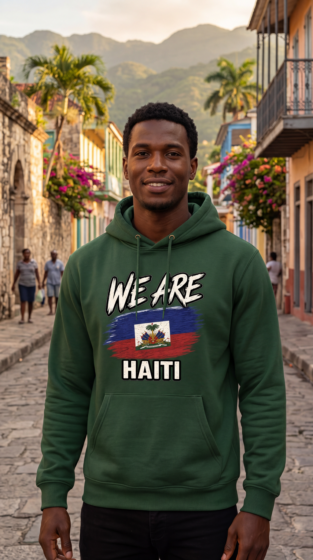 A man wearing a dark green hoodie with a Haitian flag graphic and the text 'WE ARE HAITI' stands on a cobblestone street in front of historic buildings and mountains.