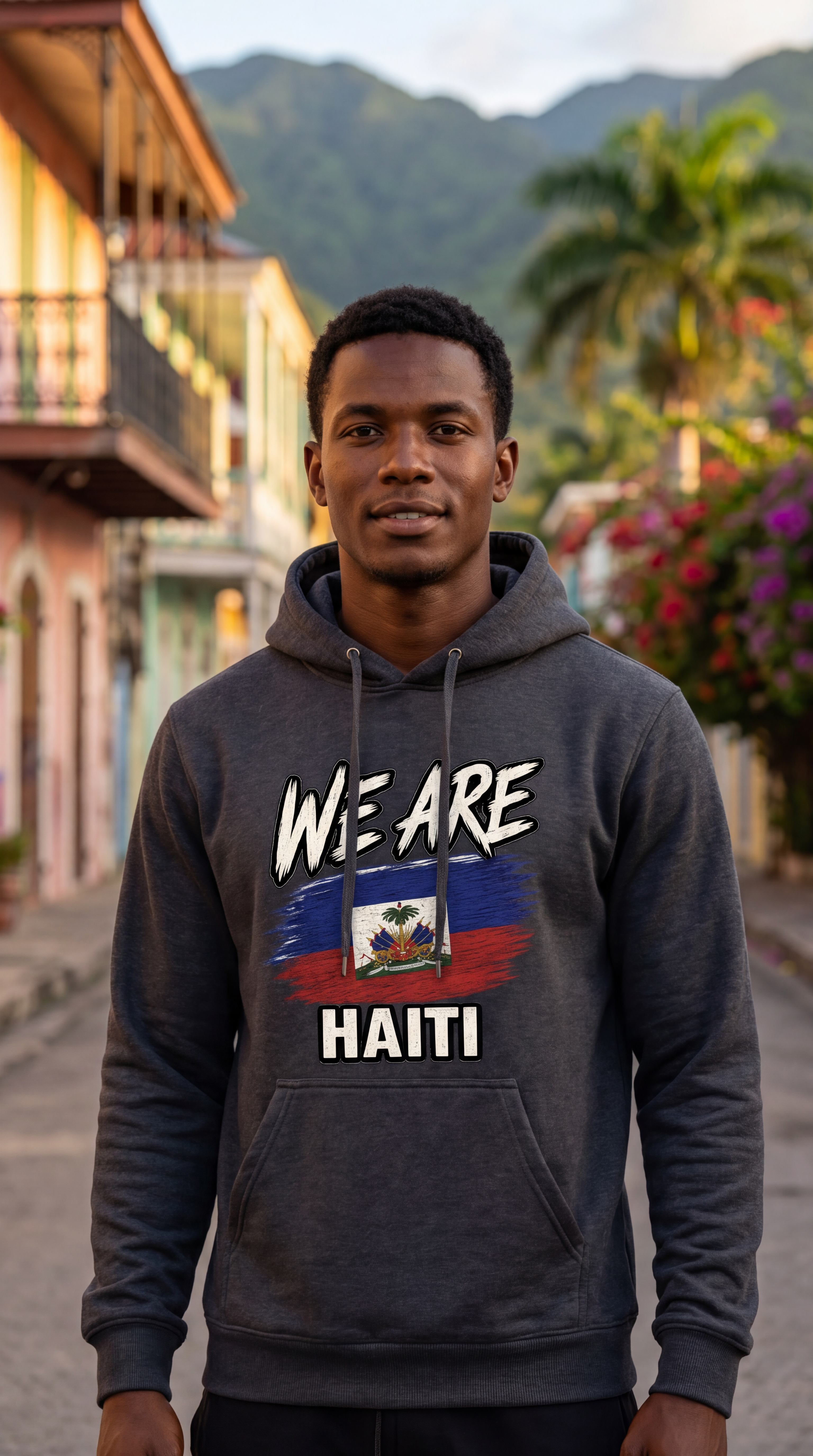 A man wearing a dark gray hoodie with a graphic that reads 'WE ARE HAITI' and features the Haitian flag, standing on a street with buildings and mountains in the background.