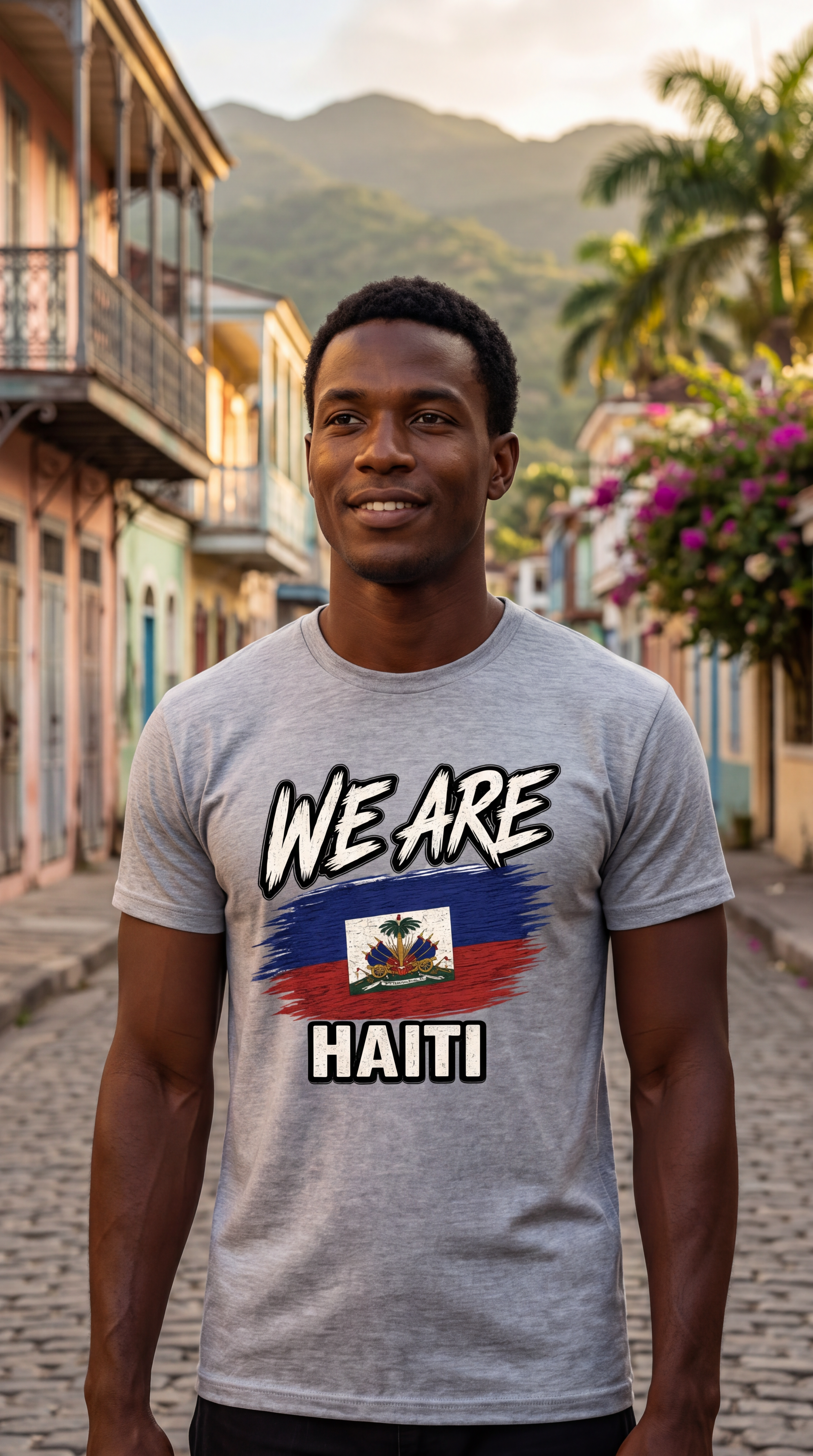 A man wearing a heather gray t-shirt with a graphic that reads 'WE ARE HAITI' and features the Haitian flag, standing on a cobblestone street with colorful colonial buildings and mountains in the background.
