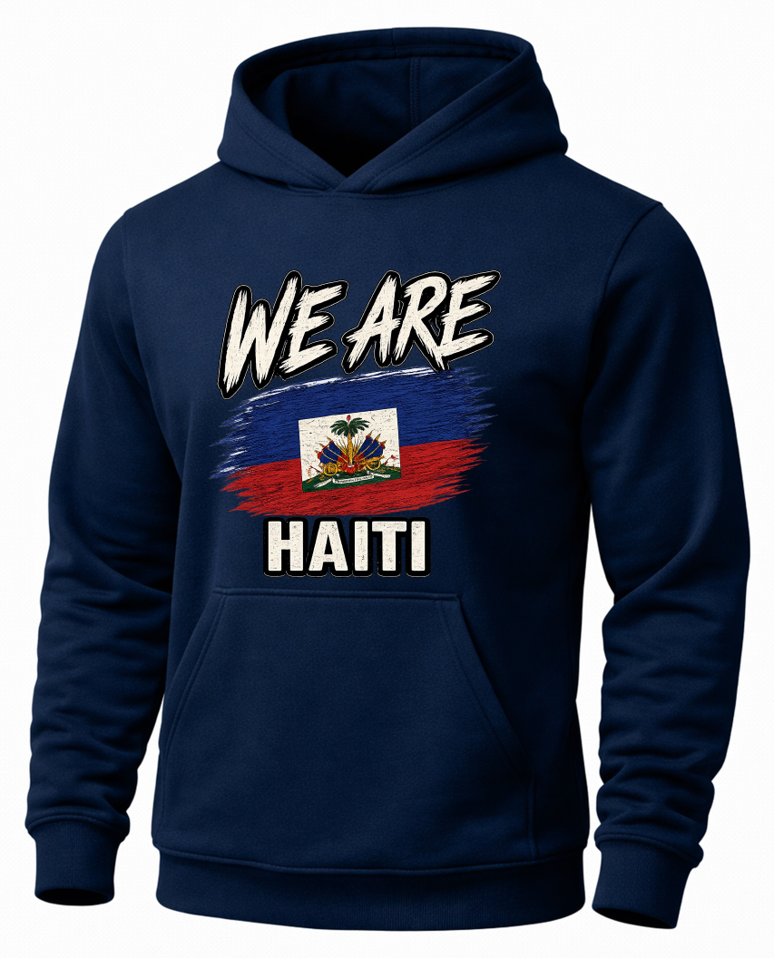 A navy blue pullover hoodie featuring a graphic print on the front with the text 'WE ARE' and 'HAITI' surrounding a stylized Haitian flag design.