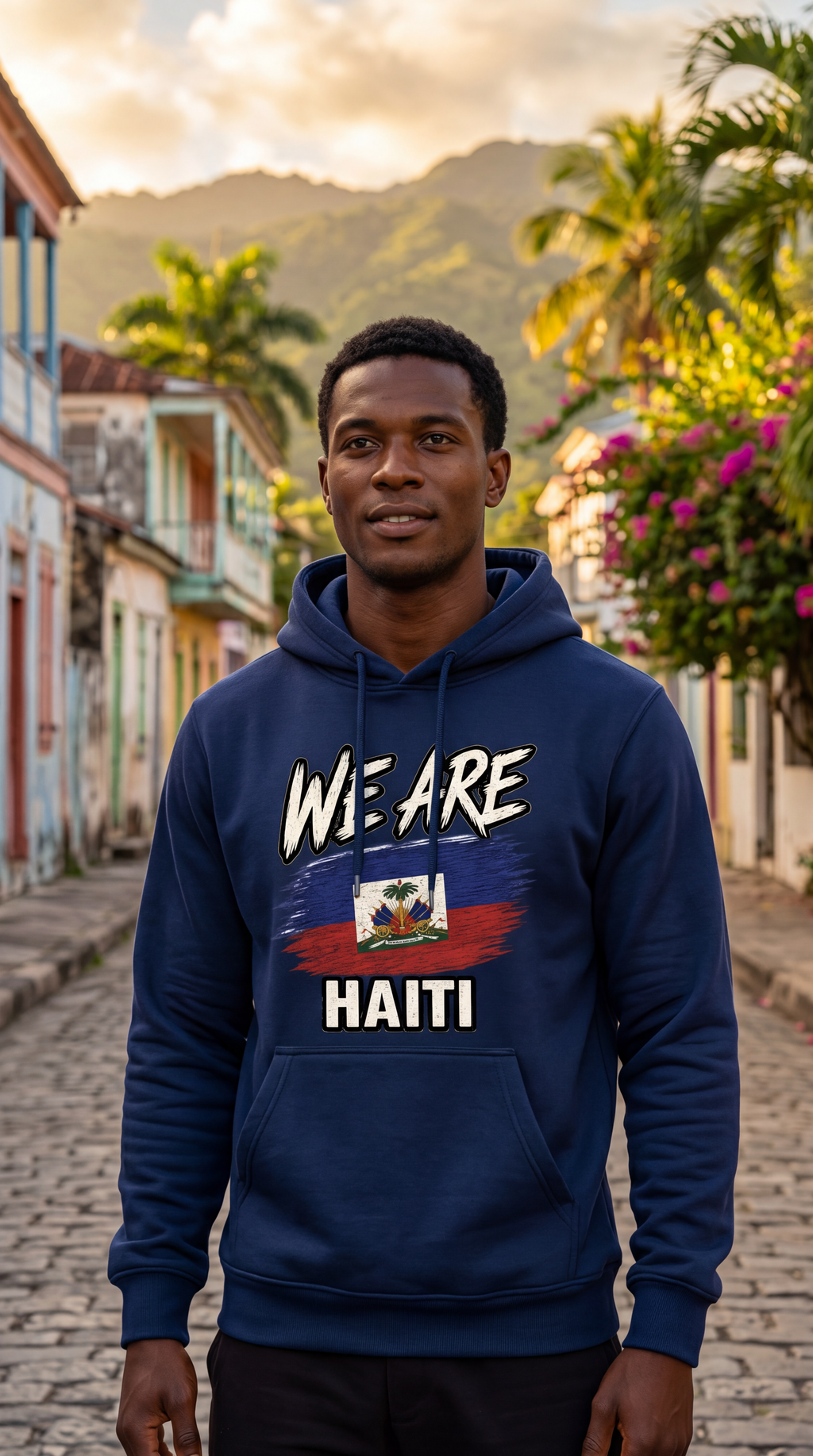 A man wearing a navy blue hoodie with a graphic print that reads 'WE ARE HAITI' and features the Haitian flag, standing on a cobblestone street with colorful buildings and mountains in the background.