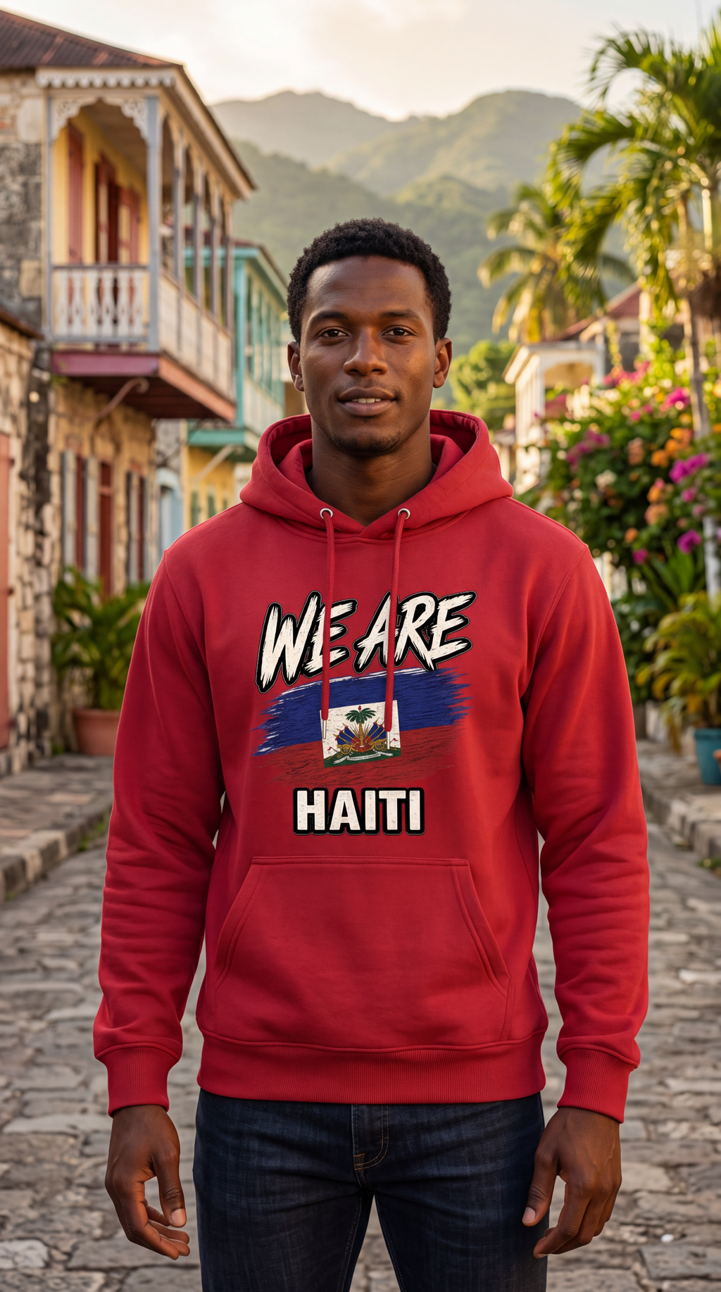 A man wearing a red hoodie with a graphic print that reads 'WE ARE HAITI' and features the Haitian flag, standing on a cobblestone street in front of colorful colonial buildings and mountains.