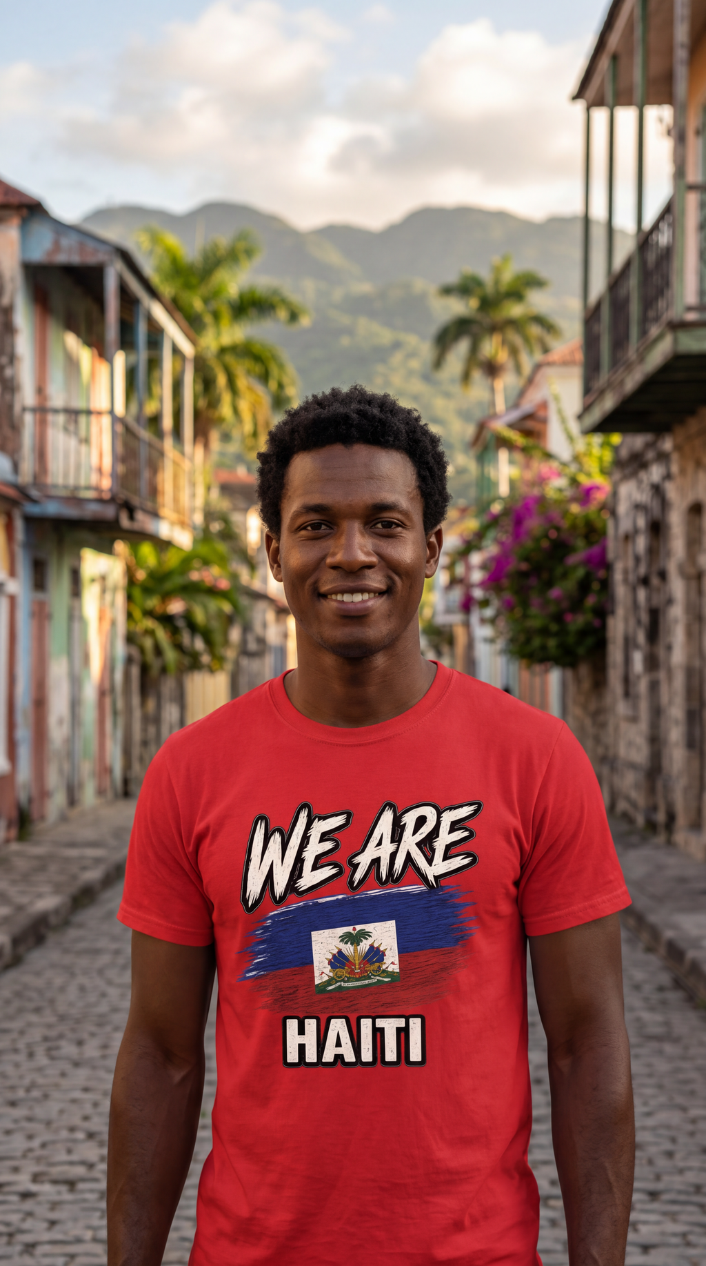 A smiling man standing on a cobblestone street wearing a red graphic t-shirt with 'WE ARE HAITI' and the Haitian flag printed on the front, with mountains and colonial buildings in the background.