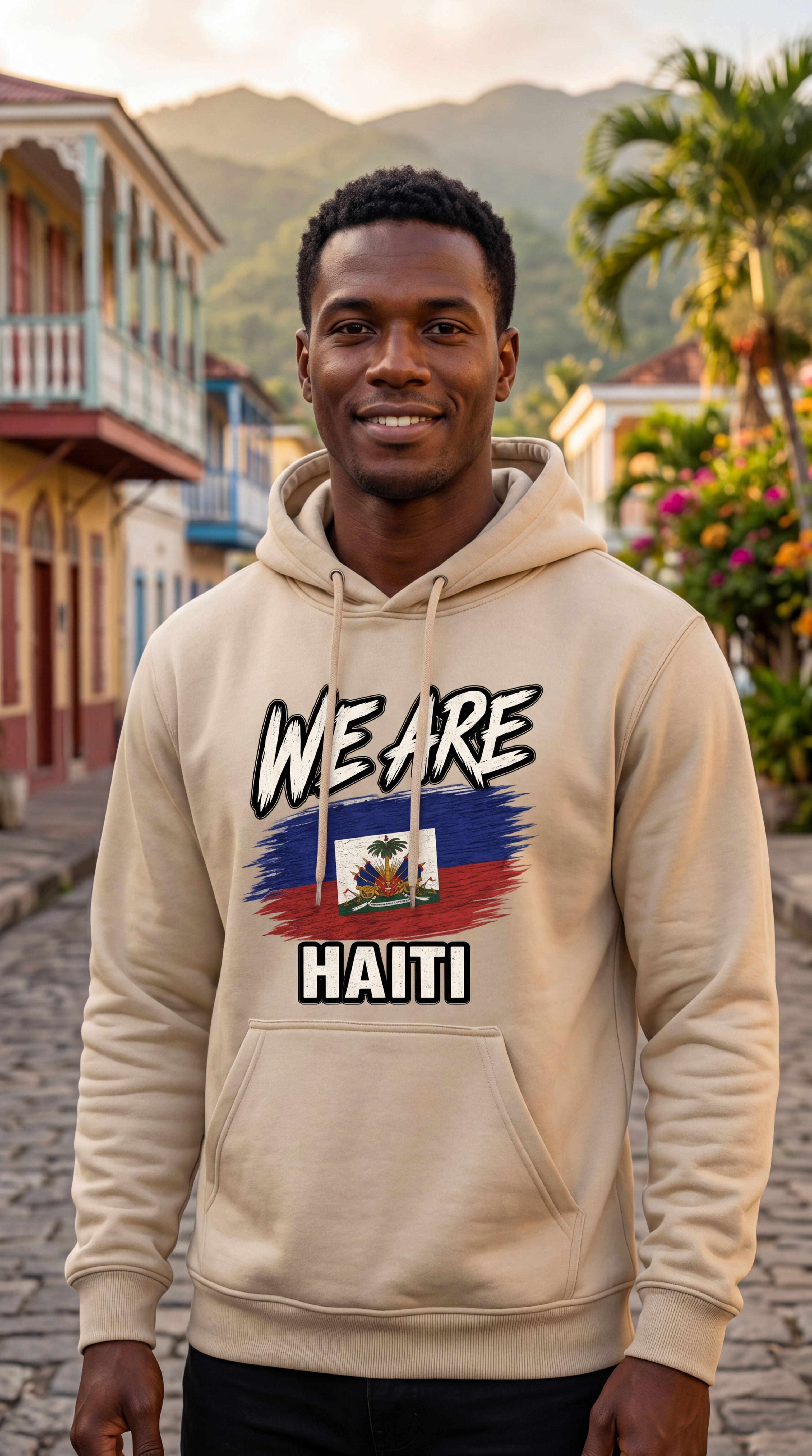 A man wearing a beige hoodie with a graphic print that reads 'WE ARE HAITI' and features the Haitian flag, standing in a scenic outdoor street setting with mountains and colonial-style buildings in the background.