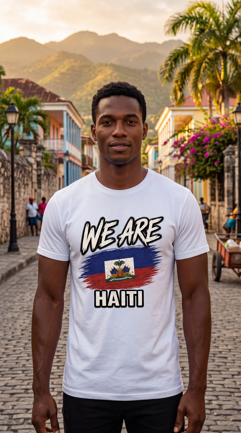 A man standing on a cobblestone street wearing a white graphic t-shirt with 'WE ARE HAITI' and the Haitian flag printed on the front, with mountains and palm trees in the background.