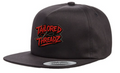 Black 5-panel snapback hat with Tailored Threadz red logo, flat brim streetwear cap
