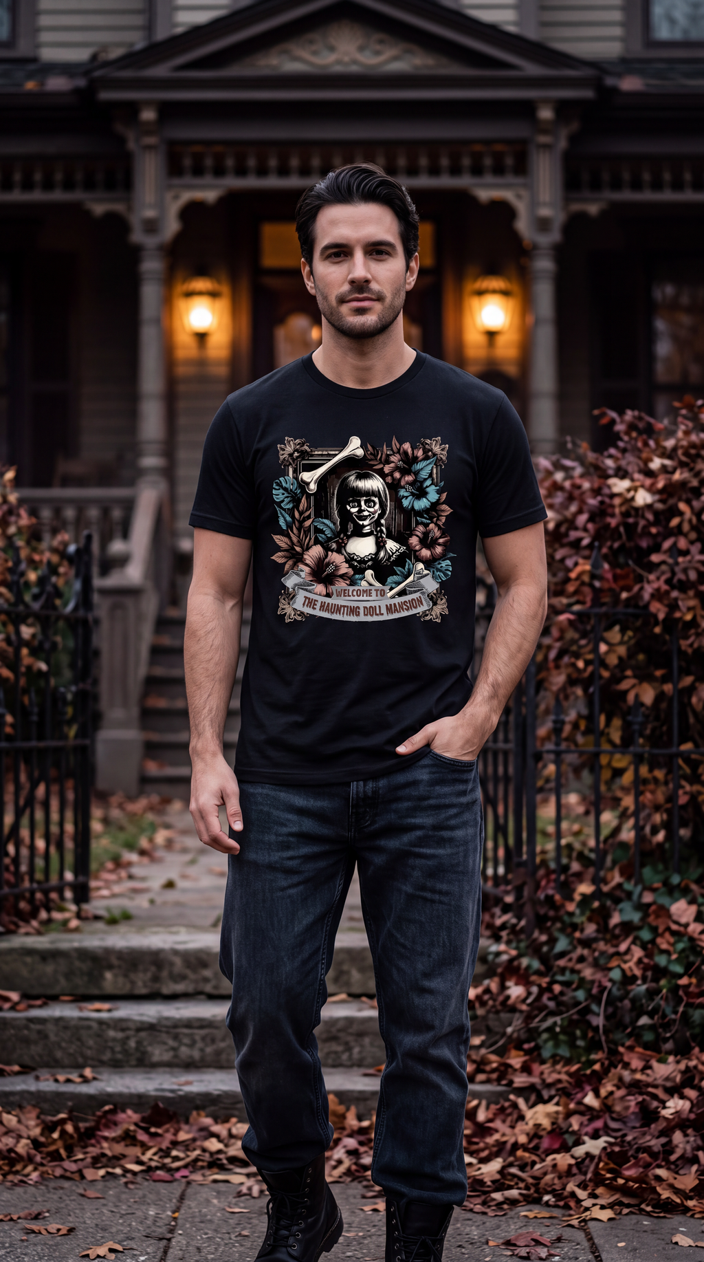 Male model wearing black creepy doll Halloween shirt with gothic haunted mansion graphic