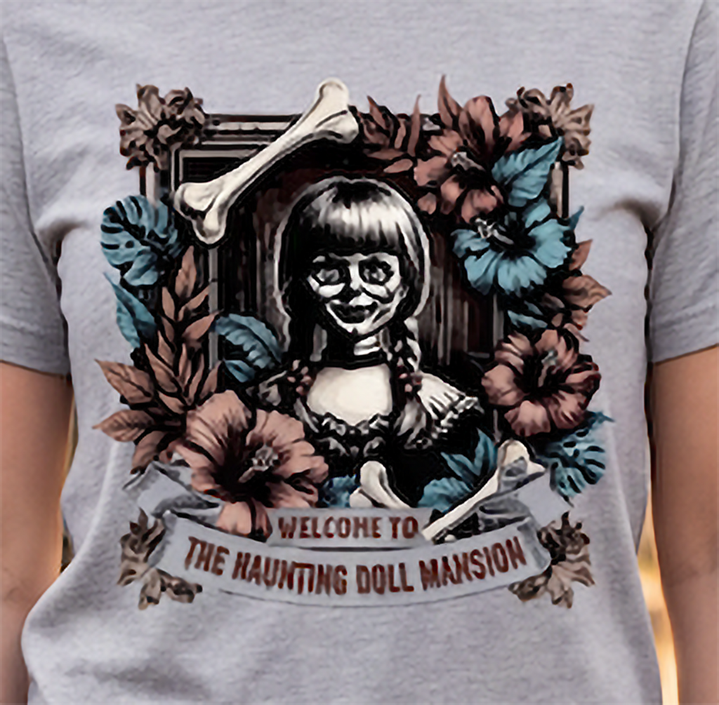 Close-up of creepy doll Halloween graphic on heather gray shirt with dark floral mansion design