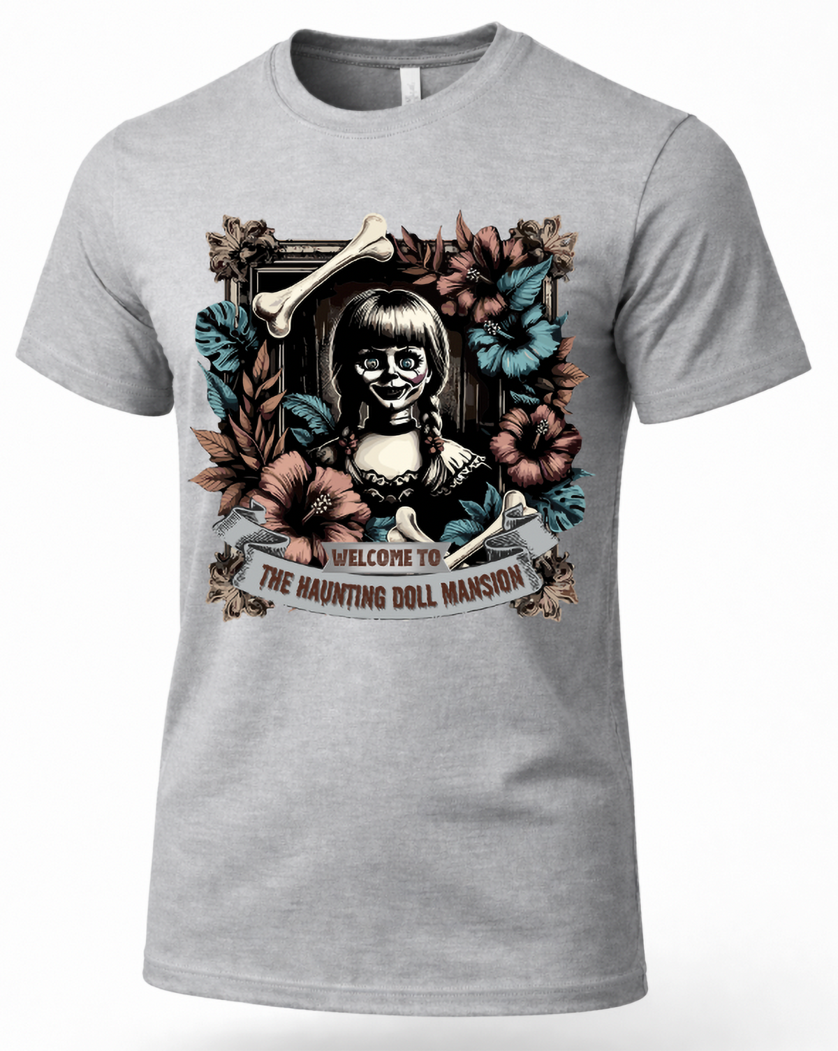 Heather gray creepy doll Halloween shirt featuring haunted doll, flowers, bones and gothic artwork